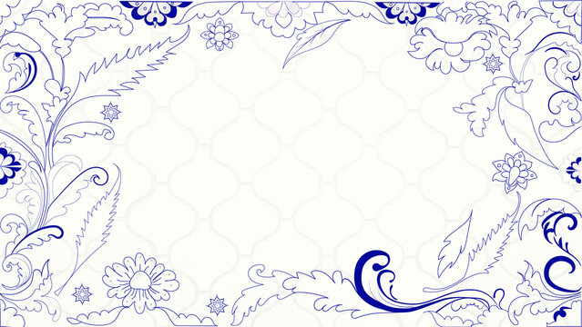 blue floral background,Ottoman style, Tezhip, Saz leaf, acanthus frame, seamless pattern, botanical blue, copy space included, cosmetic packaging, natural style.