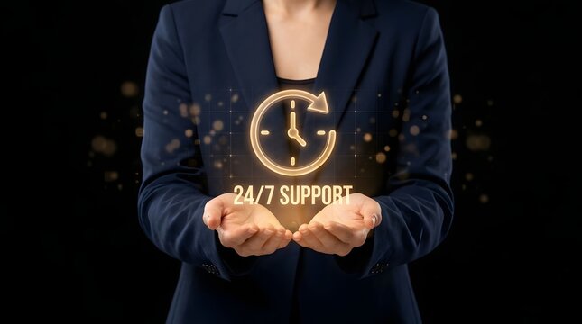 Business person holding a glowing digital clock icon representing constant availability and professional customer service support for global clients