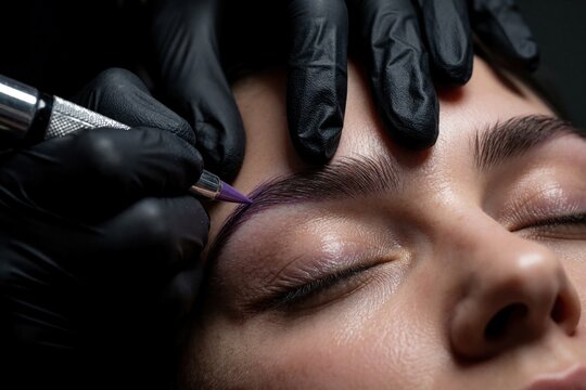Beautician applies permanent makeup using tattoo pen on client eyebrow. Master draws shape with ink for beauty enhancement. Woman gets facial treatment in salon.