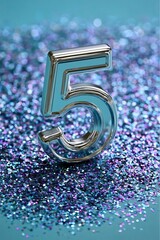 Fototapeta premium Shiny Metallic Number Five Standing Boldly Among Multicolored Sparkles On A Dark Background Setup.