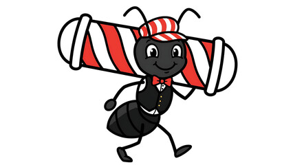Fototapeta premium Cartoon Ant Character Wearing a Vest and Hat Carrying a Vintage Barbershop Pole Sign for Grooming Services