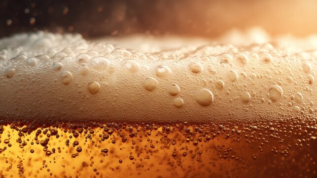 Close-up of fizzy beer bubbles forming a foam head in a golden glass with warm light reflection