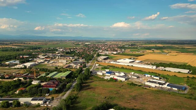 Aerial View of Industrial Area, Farmland and Village near Plovdiv, Bulgaria