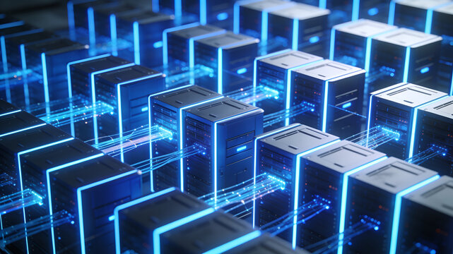 Futuristic AI data center room with glowing blue server racks and high speed fiber optic data cables transferring information in modern server farm