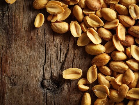 Close-up view of roasted salted peanuts scattered on rustic wooden surface for snack or healthy food concept