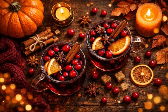 Two mugs of mulled wine with cranberries, orange slices and cinnamon sticks for holiday background and winter beverage banner or recipe poster design