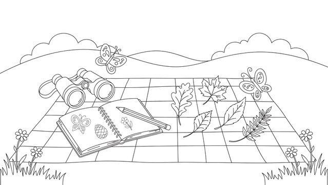 Cute sketch of nature notebook with binoculars on picnic blanket, camping doodle, outdoor illustration