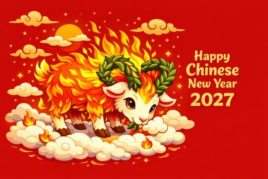 Chinese new year 2027 fiery ram illustration with flames for holiday poster and festive banner design