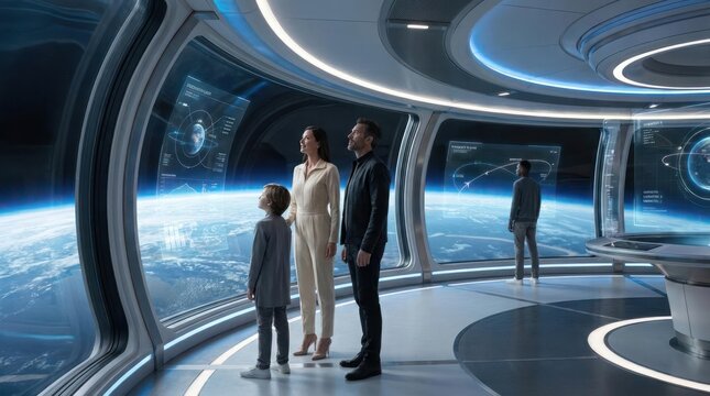 Family viewing Earth from futuristic space station window.