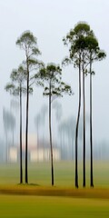 Obraz premium Lanky Trees in Dreamy Morning Mist on a Serene Abstract Golf Putting Green Field Nature Landscape