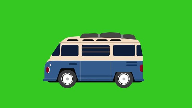 Cute cartoon classic car. camper van drives on a road trip isolated green
