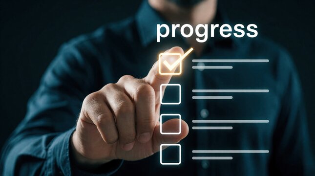 Person touches digital screen checking off task on progress list. Business goal achievement using modern tech for task management and productivity workflow.