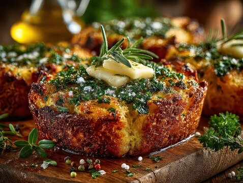 Delicious oven-baked stuffing loaf with herbs butter and fresh seasonings served on rustic wooden board