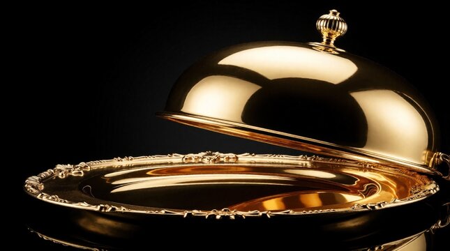 Ornate gold cloche rests on ornate serving tray. Shiny metal dish cover is slightly ajar revealing empty platter. Luxury diningware on dark background.