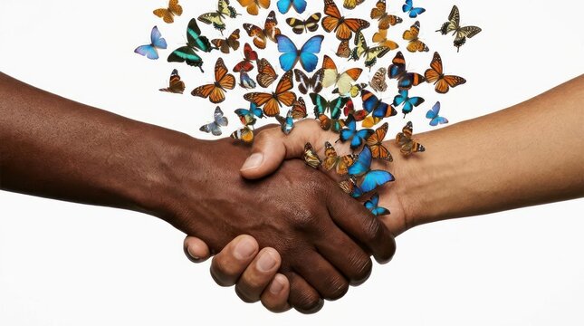 Handshake with colorful butterflies for peace concept.