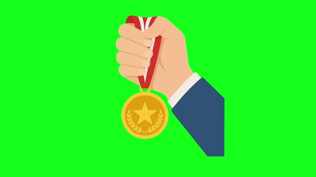 Gold medal animated hand holding winner medal sparkling with victory stars 4k chroma key green screen background