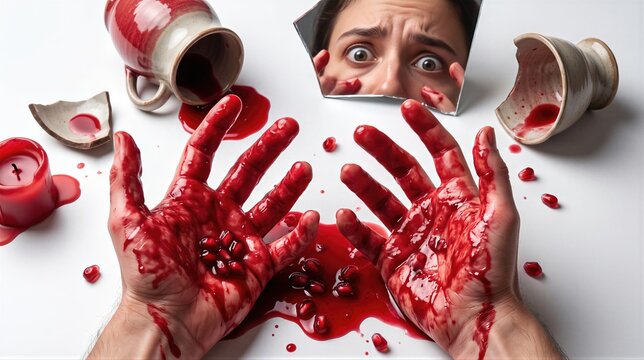 Woman looking at hands covered in red pomegranate juice reflecting in mirror. Psychological concept of hemophobia or blood phobia. Visual representation of trauma and mental disorder.