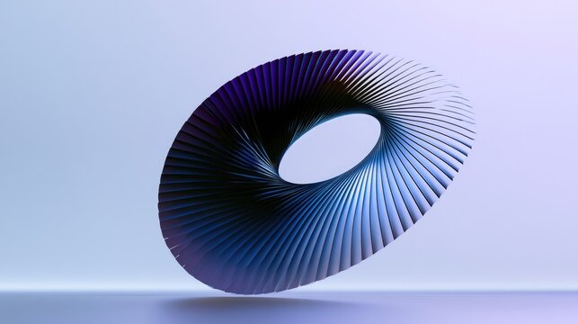 Futuristic ribbed torus with smooth gradient background and reflective surface