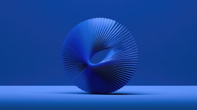 A blue, abstract, ribbed, toroidal form on a blue surface