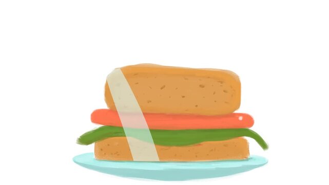 A leaf of greenery, a boiled sausage and the same piece of bread or cake fall one after another onto a piece of bread or a bun or a cake, forming a sandwich.