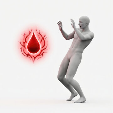 Man afraid of blood drop. Fear of blood as psychological phobia. Hemophobia concept with scared man reacting to floating red drop. Mental health disorder and medical anxiety illustration.