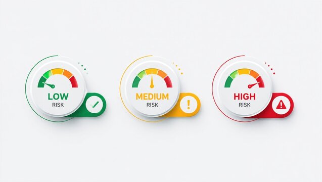 Risk level assessment gauge set showing low medium and high risk indicator meters for business compliance and security analysis