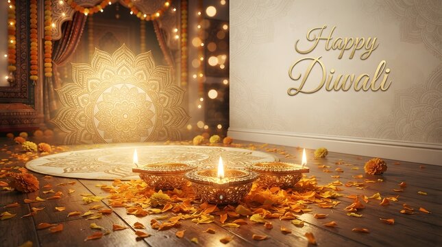 Happy diwali greeting card with golden diya lamps, marigold flower petals, and a decorative mandala pattern on a wooden floor background