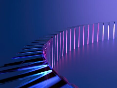 Abstract metallic structure with glowing pink and blue light effects