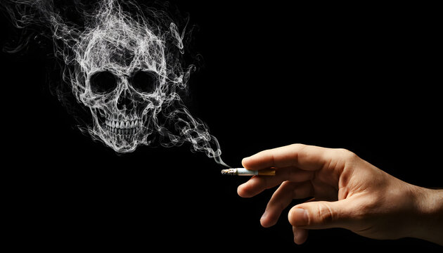 A hand holds a burning cigarette with smoke artistically forming the shape of a human skull against a dark black background, symbolizing the dangers of tobacco.