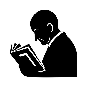 Elderly man reading book silhouette black icon isolated on white background for library logo.