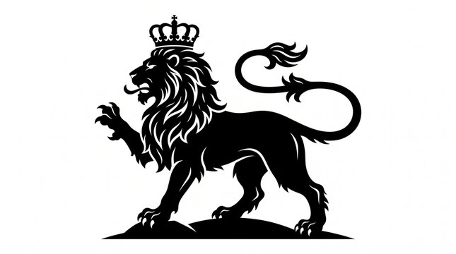 Heraldic lion silhouette with royal crown, majestic black lion rampant icon, noble king lion emblem for luxury branding and crests