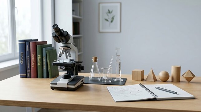 Microscope and scientific equipment on a wooden desk with geometric shapes