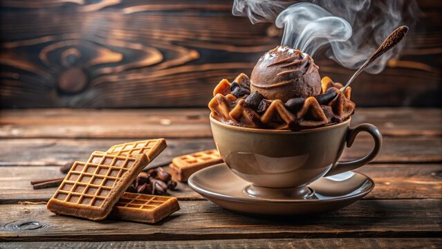 A steaming schokoladeneisbecher with crispy waffeln and sweet soeaten goodness sat atop a vintage wooden caf table