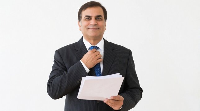 Middle aged Indian man in dark pinstripe suit adjusts blue polka dot tie. He holds papers while smiling confidently against a clean white backdrop. Ready for business.