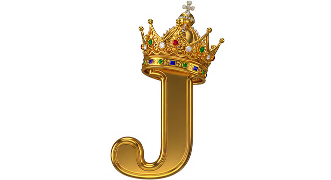 Decorative golden crown topped letter J isolated graphic design element transparent background