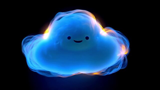 Cute glowing blue fantasy creature surrounded by swirling neon light trails, adorable futuristic animated character with colorful energy effects on dark background