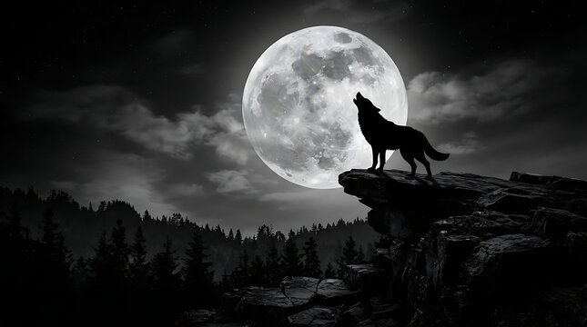 Silhouette of a wolf howling at the full moon on a cliff