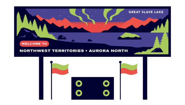 Very beautiful realistic vector of a roadside welcome sign featuring aurora borealis, Great Slave Lake and northern wilderness, NORTHWEST TERRITORIES &bull; AURORA NORTH, vibrant colors and dramatic scener