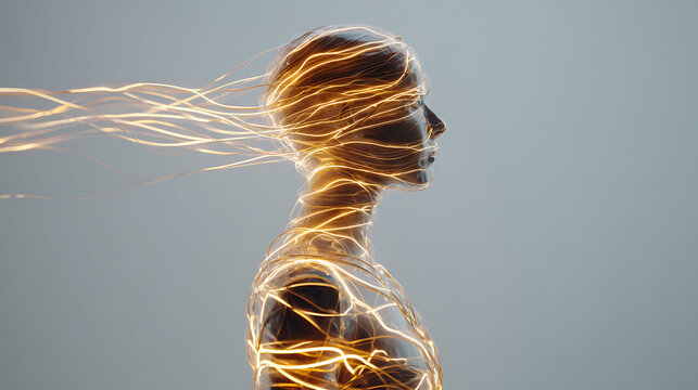 Abstract human silhouette wrapped in glowing threads, symbolizing mental overload, racing thoughts, emotional tension, anxiety and stress while conveying psychological pressure and inner struggle
