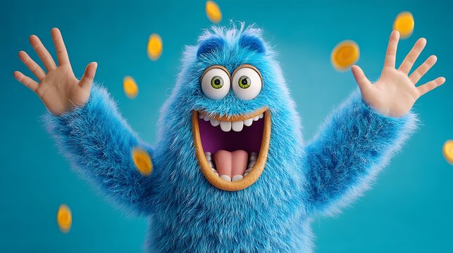 Blue fluffy monster with green eyes and big smile surrounded by floating yellow circles