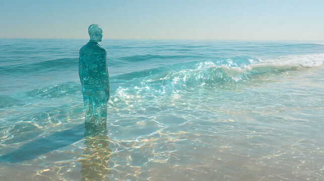 Transparent human figure standing in the ocean, symbolizing emotional healing, inner peace, mindfulness, self discovery, resilience and psychological wellbeing through a surreal visual metaphor