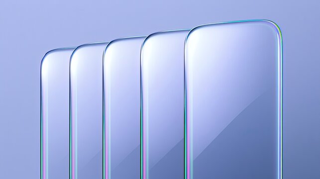 Sleek, translucent, rounded rectangles lined up, reflecting subtle colors