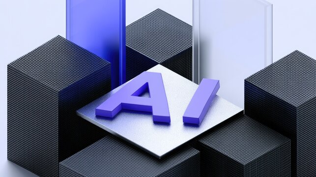 Abstract geometric arrangement with "AI" logo, glass, and textured cubes
