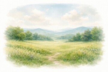 Obraz premium Serene watercolor landscape of a meadow with distant mountains.