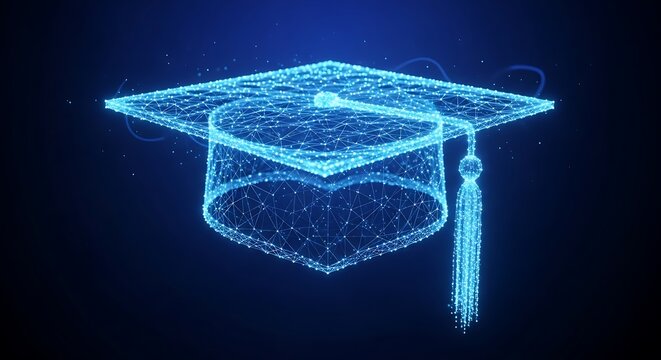 Graduation cap with blue digital gradient and tassel