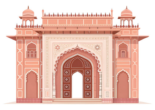 Jaipur pink sandstone palace doorway with elegant arches, modern vector illustration, isolated on white