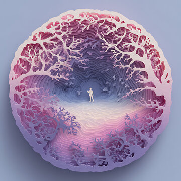 Mental health concept showing a human figure inside a layered brain landscape, symbolizing healing, emotional balance, self discovery, mindfulness, resilience and psychological wellbeing