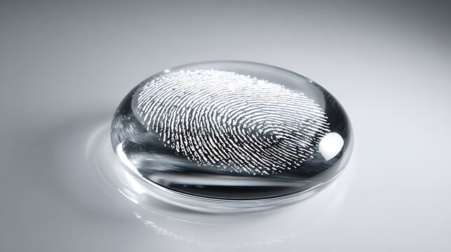 Fingerprint inside a transparent digital security object, symbolizing biometric authentication, identity protection, data privacy and secure access in modern cybersecurity technology.