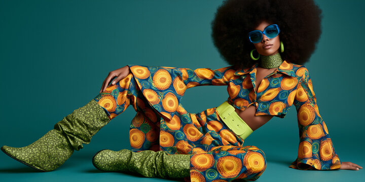 retro black woman in colorful seventies fashion, glamorous africanamerican model in vibrant vintage style, stylish woman wearing colorful retro inspired outfit