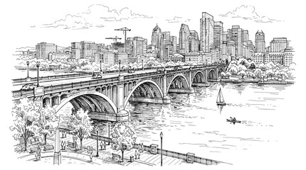 Obraz premium Hand Drawn Modern City Skyline Illustration Featuring Arched Bridge Over River, Skyscrapers, Waterfront Promenade, Boats, and Construction Cranes in Black and White Line Art Style